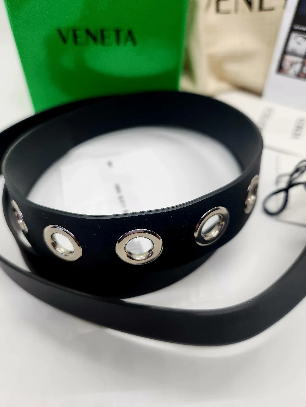 Bottega Veneta Triangle Black Matte Gummy Rubber Belt Size 40 NIB